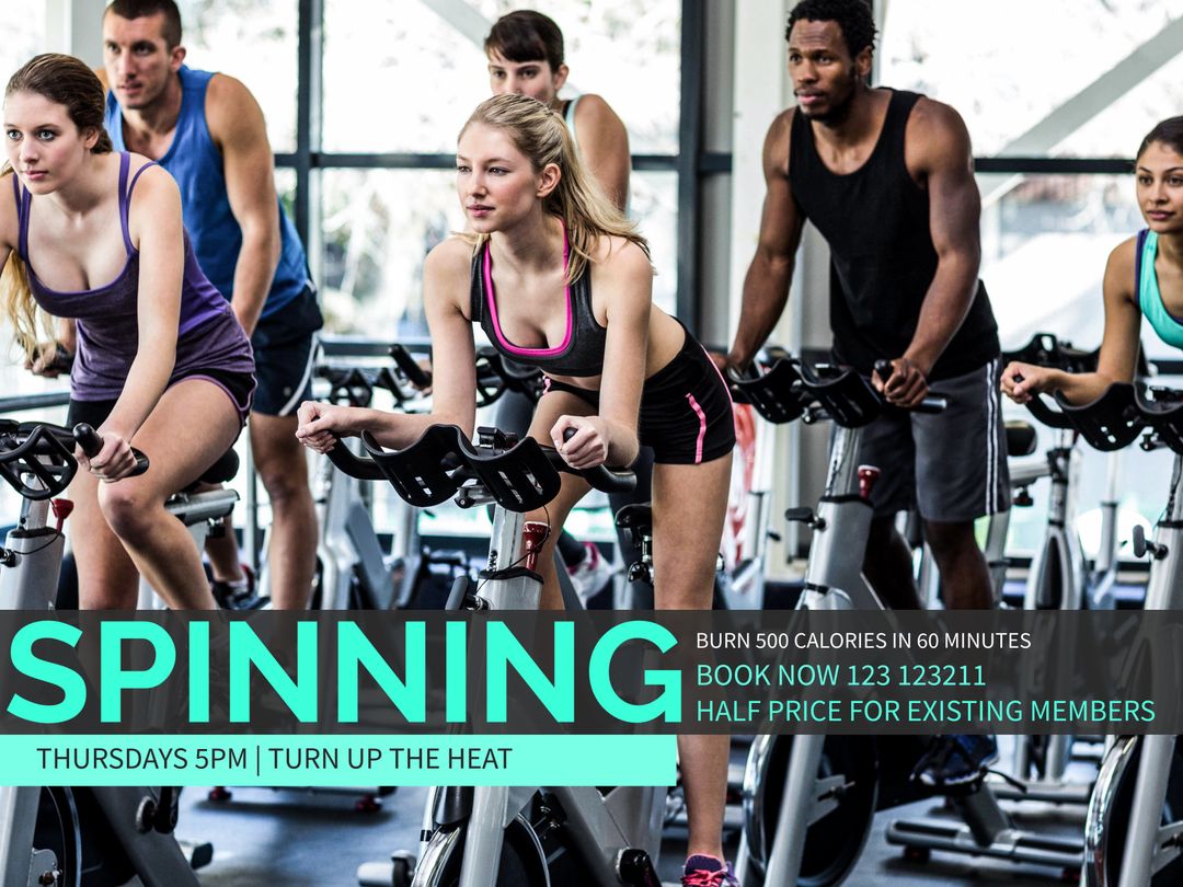 Energetic Group Spinning Class for Fitness Enthusiasts - Download Free Stock Templates Pikwizard.com