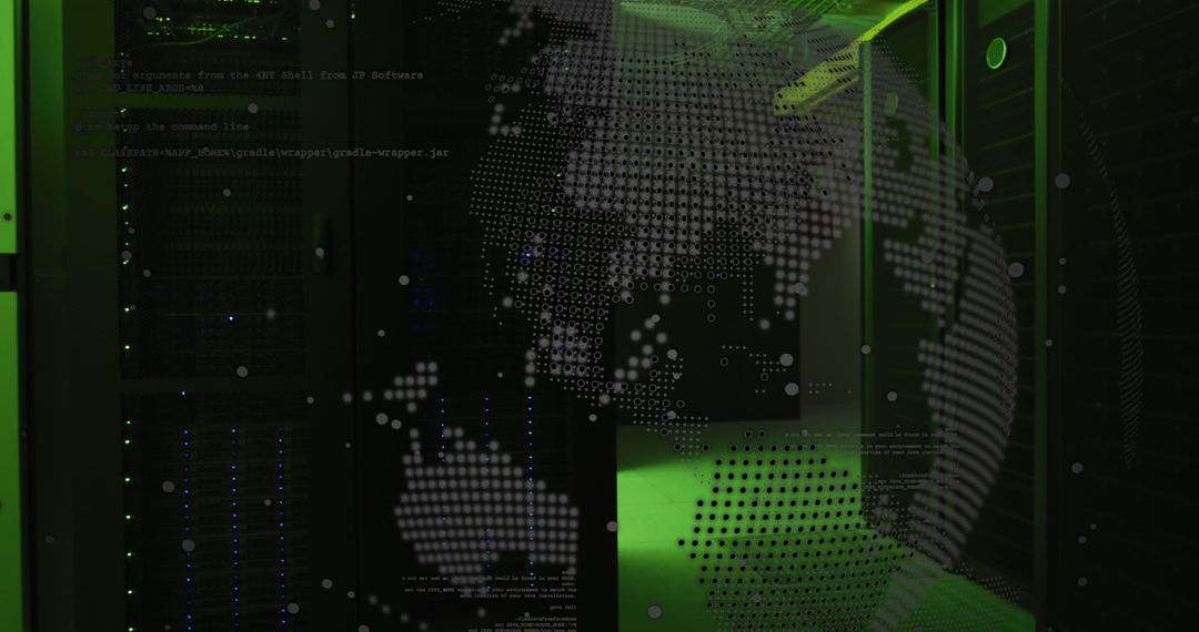 Glowing Server Room with Digital Globe Overlay