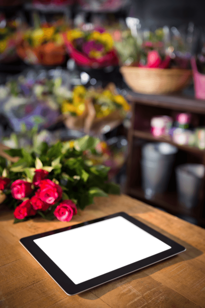 Transparent Digital Tablet with Red Flowers in Flower Shop