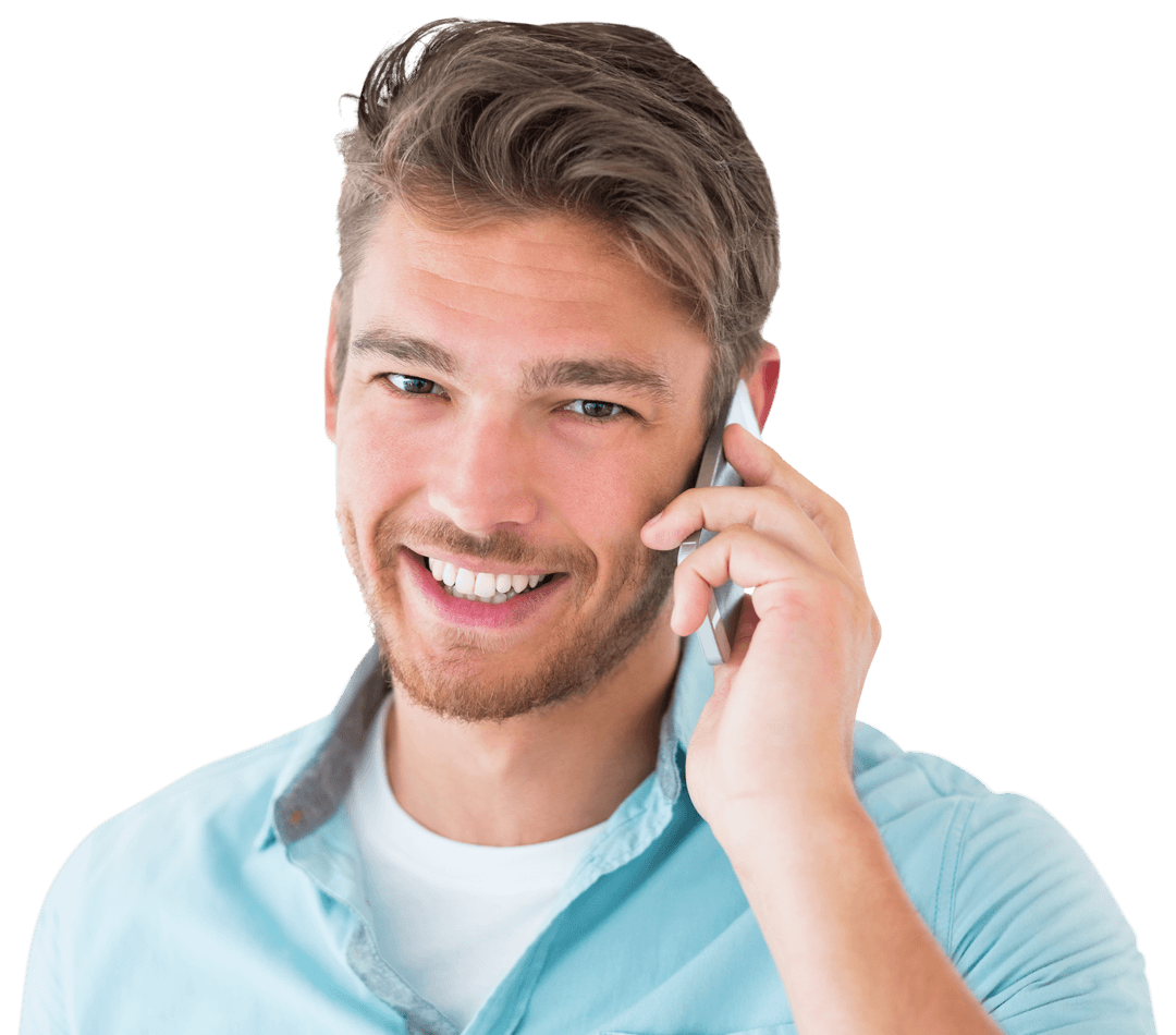 Confident Young Man Smiling and Talking on Smartphone Transparent Background
