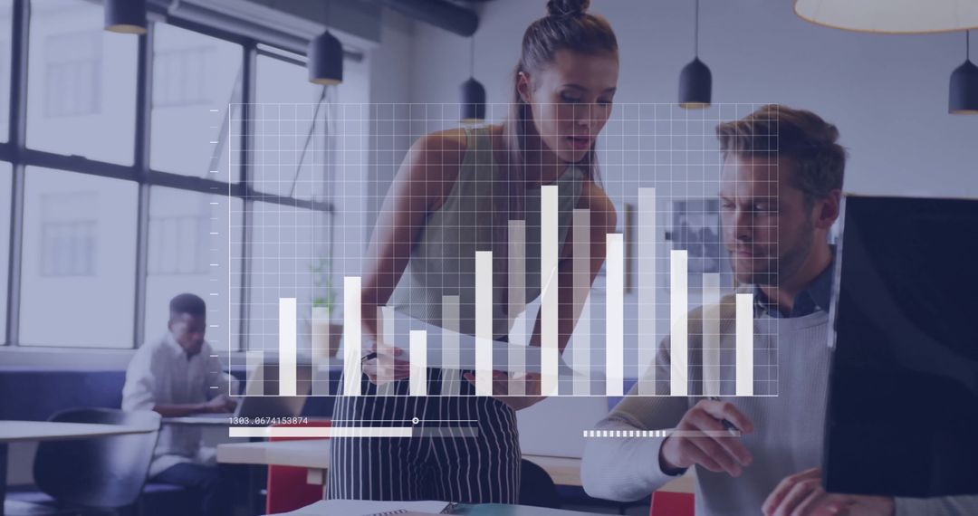 Business Professionals Analyzing Growth Data with Bar Graph Overlay