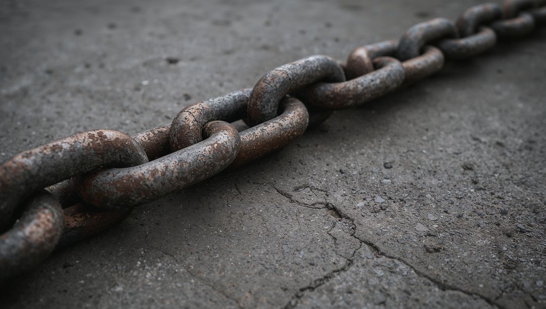 Rusted Heavy Chain Lying Diagonally on Cracked Concrete Pavement Macro Texture