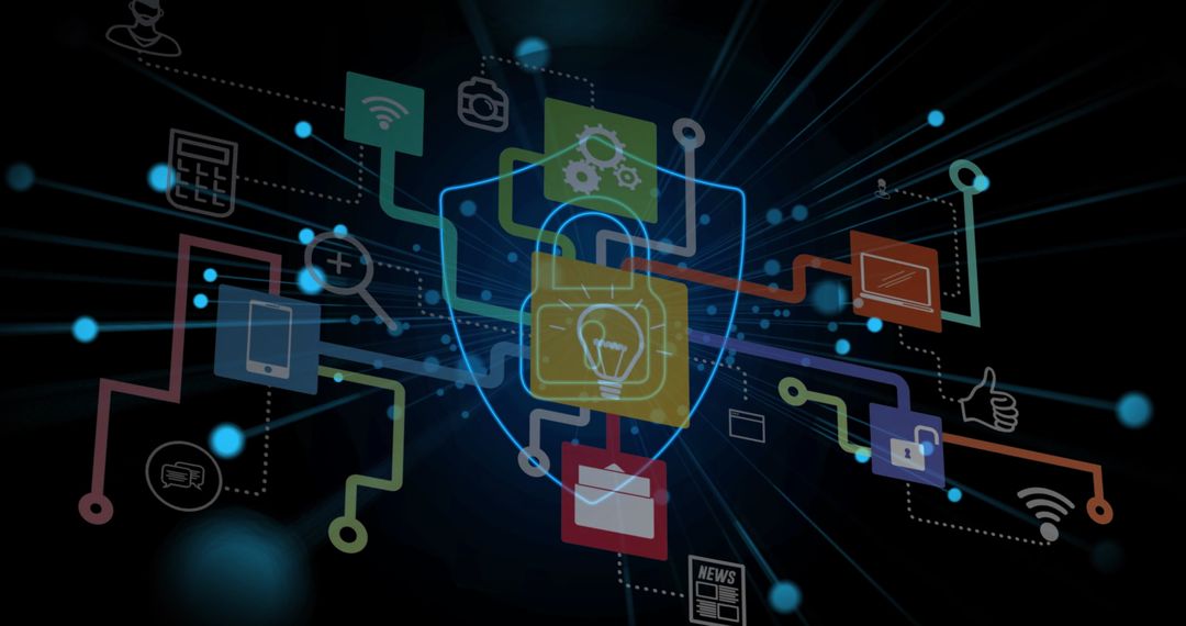Digital Shield and Padlock Symbolizing Cybersecurity Network