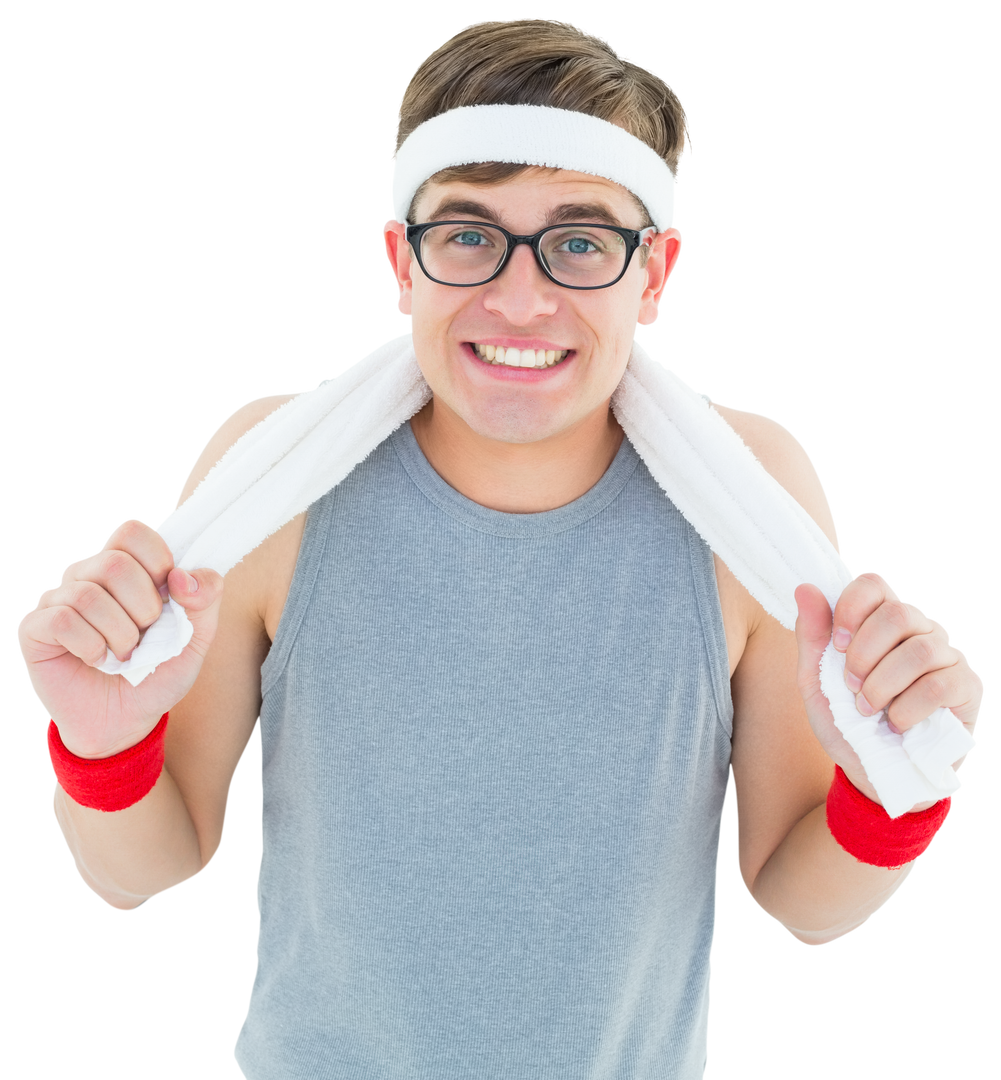 Transparent Image of Geeky Hipster in Sportswear with Headband and Towel - Download Free Stock Images Pikwizard.com