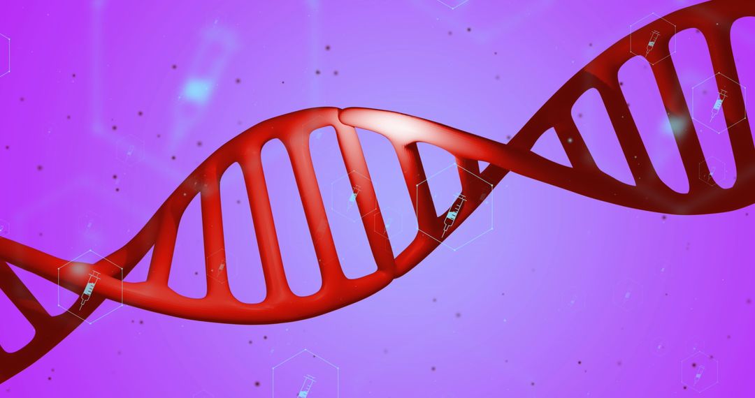 Red DNA Strand on Purple Background with Data Elements