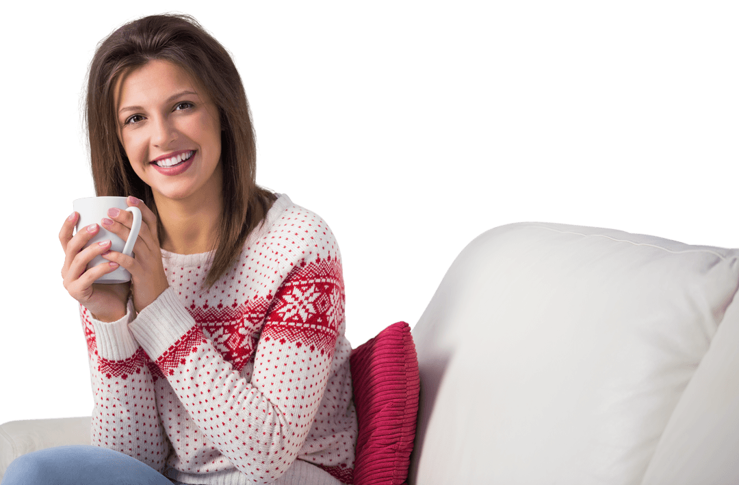 Smiling Woman Holding Coffee Cup While Relaxing on Comfortable Couch