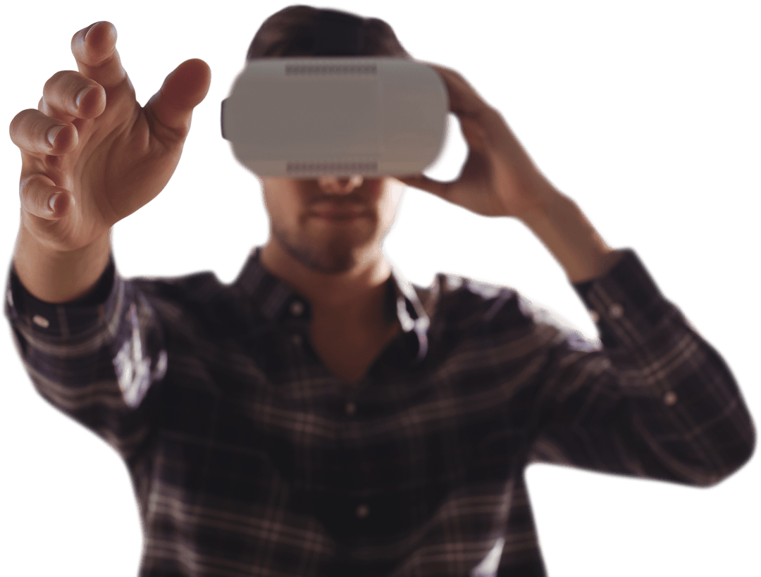 Man Interacting with Transparent VR Headset and Gestures