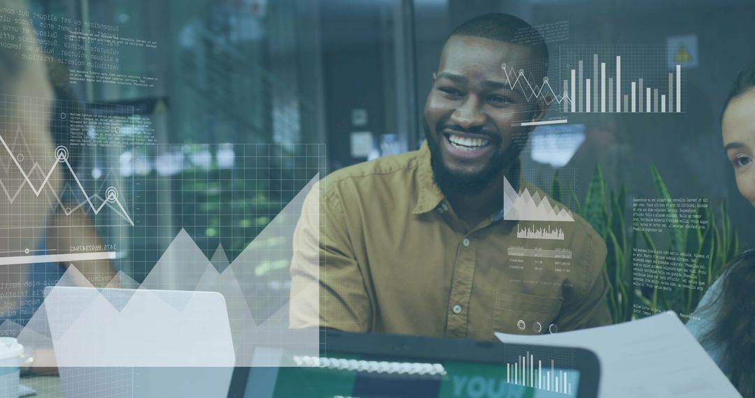 Smiling Facilitator in Team Meeting with Digital Insights