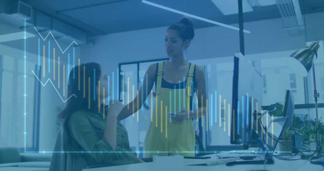 Coworkers Discussing in Modern Office with Barchart Overlay