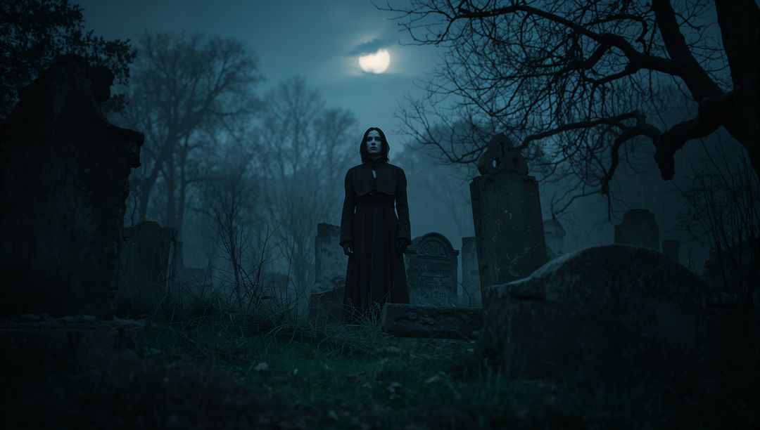 Mysterious Woman in Graveyard Under Moonlight