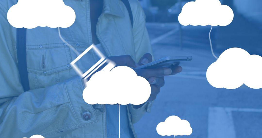 Digital Cloud Technology Overlay with Woman Using Smartphone