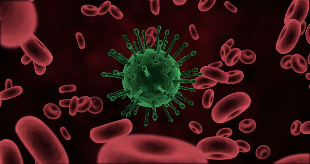 Digitally Generated Virus and Red Blood Cells Floating in Black Background