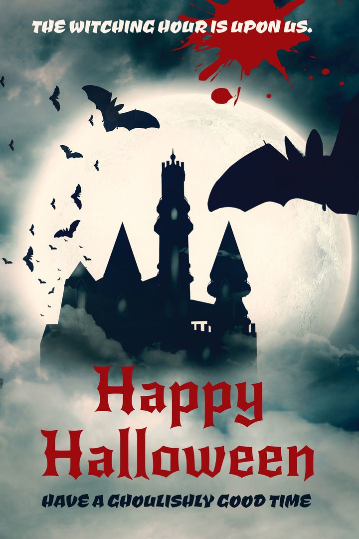 Eerie Halloween Castle Silhouette with Full Moon and Bats