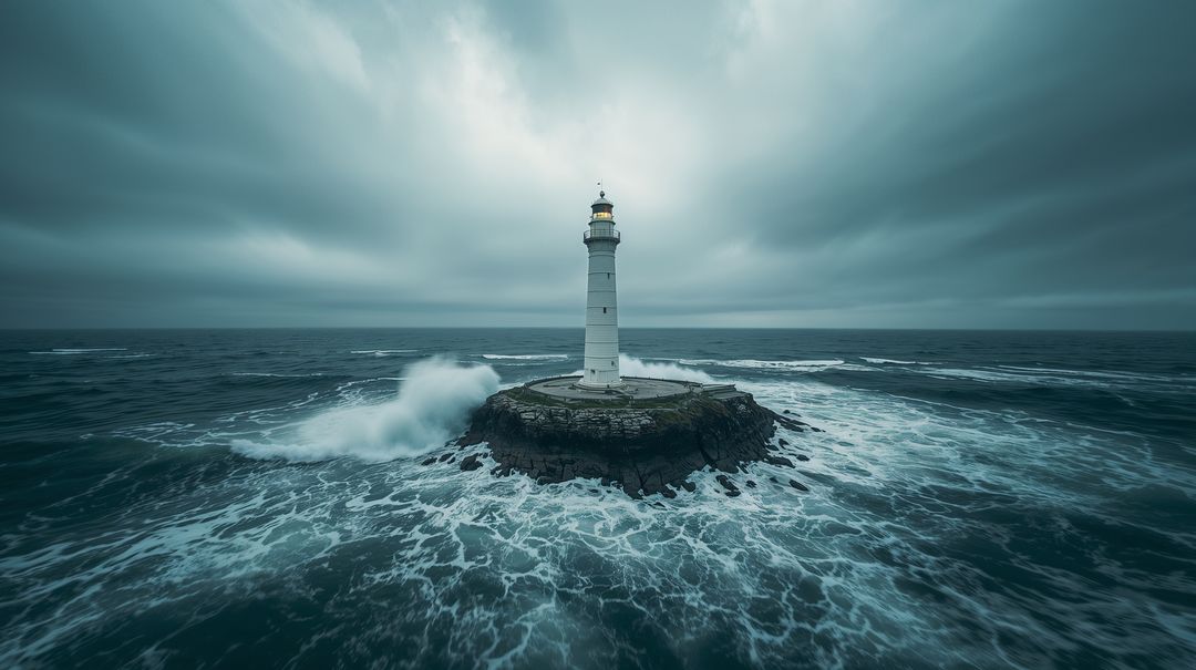 White Lighthouse on Rocky Islet Weathering Crashing Waves During Stormy Teal Seascape