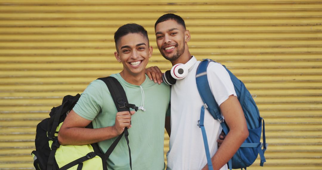 Cheerful Biracial Gay Couple on Urban Travel Adventure