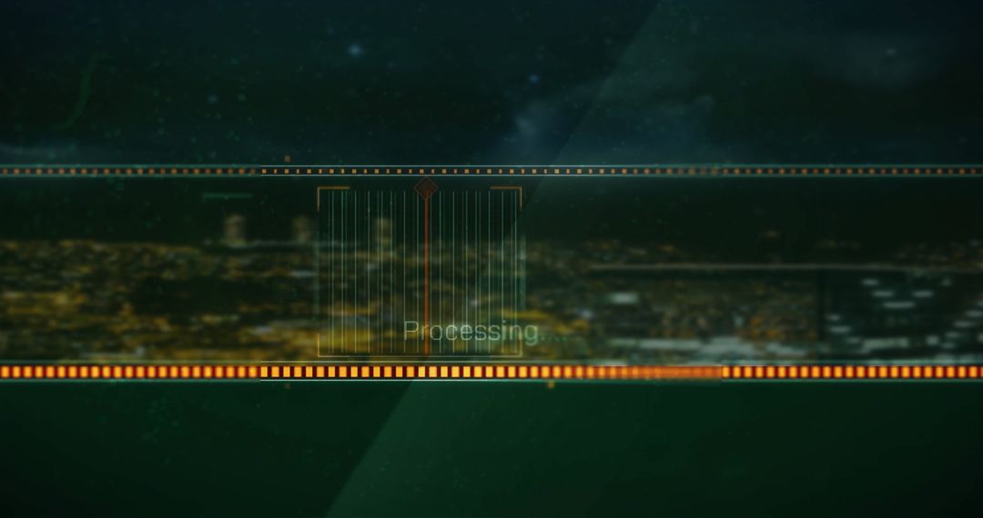 Futuristic Data Processing Overlay with Nighttime Cityscape