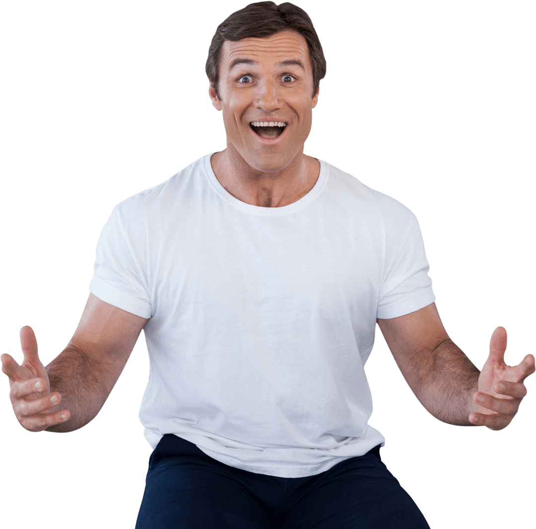 Surprised Elderly Man Gesturing with Open Arms on Transparent Background