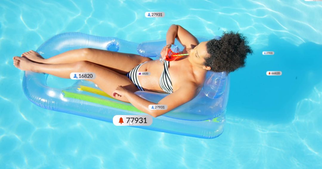 Digital Detox: Woman Relaxing in Pool Surrounded by Notifications