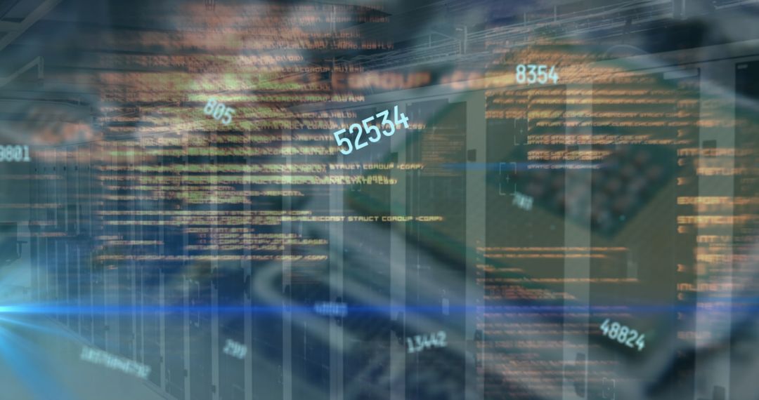 Cybersecurity Concept with Digital Codes Overlapping Server Room Infrastructure