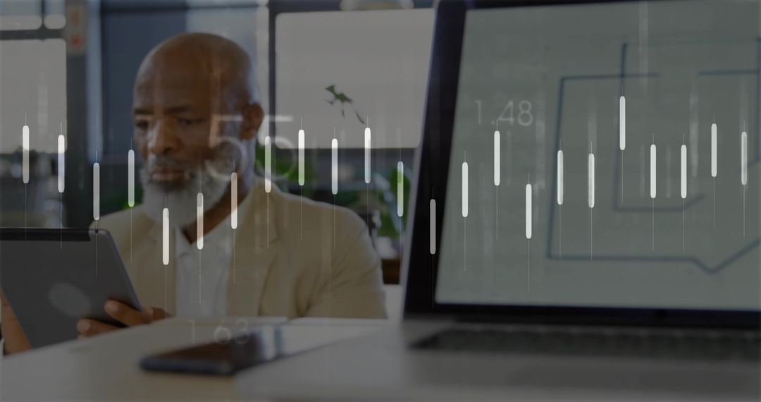 Senior Business Analyst Utilizing Tablet with Digital Financial Data