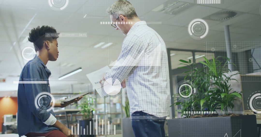 Business Professionals in High-Tech Office Collaborate Analyzing Digital Data