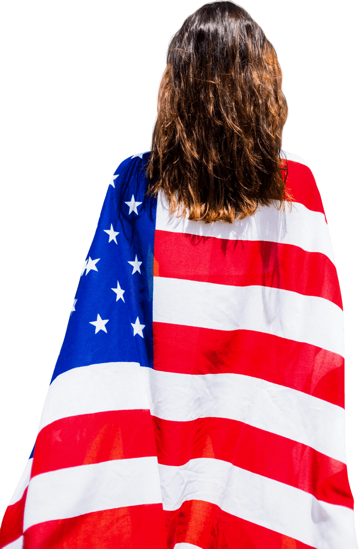 Back View Sportswoman Draped in American Flag on Transparent Background