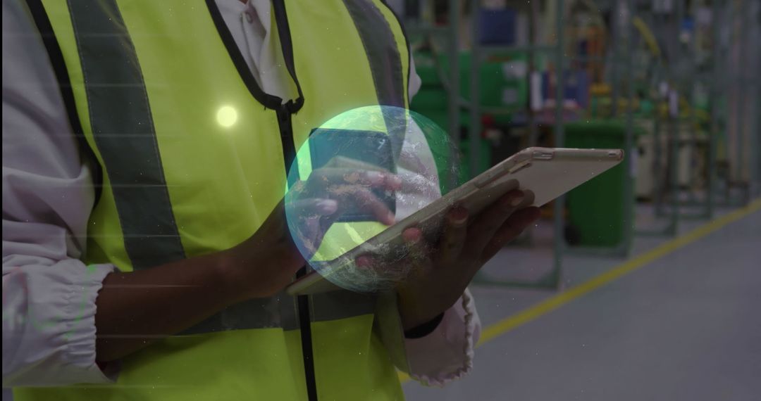 Technician in High-Vis Vest Using Tablet in Modern Factory