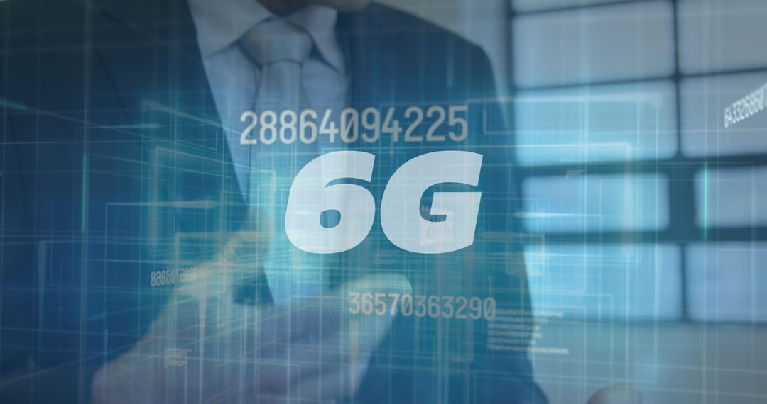 Businessman Utilizing 6G Wireless Technology with Digital Overlay