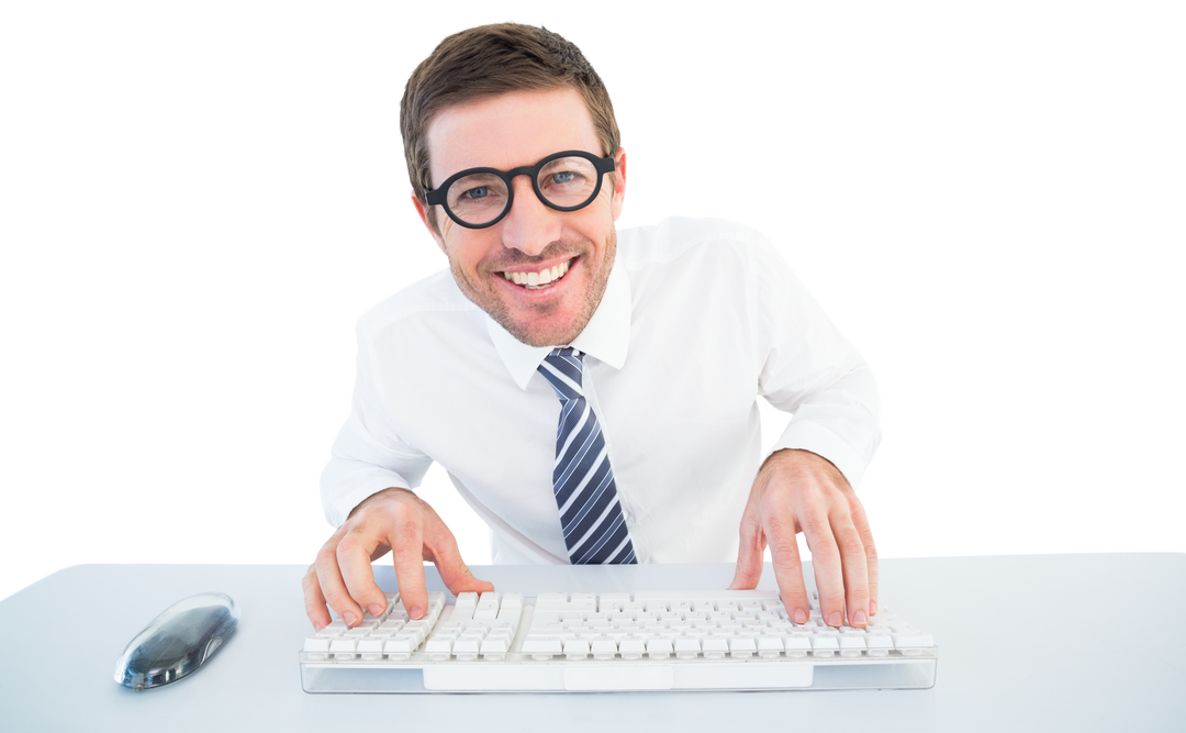 Friendly businessman with glasses typing at keyboard isolated, on transparent background - Download Free Stock Images Pikwizard.com