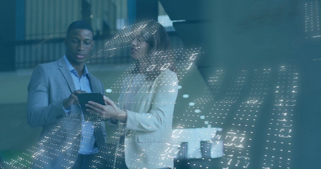 Colleagues Discussing Work Amid Digital Financial Data Overlay