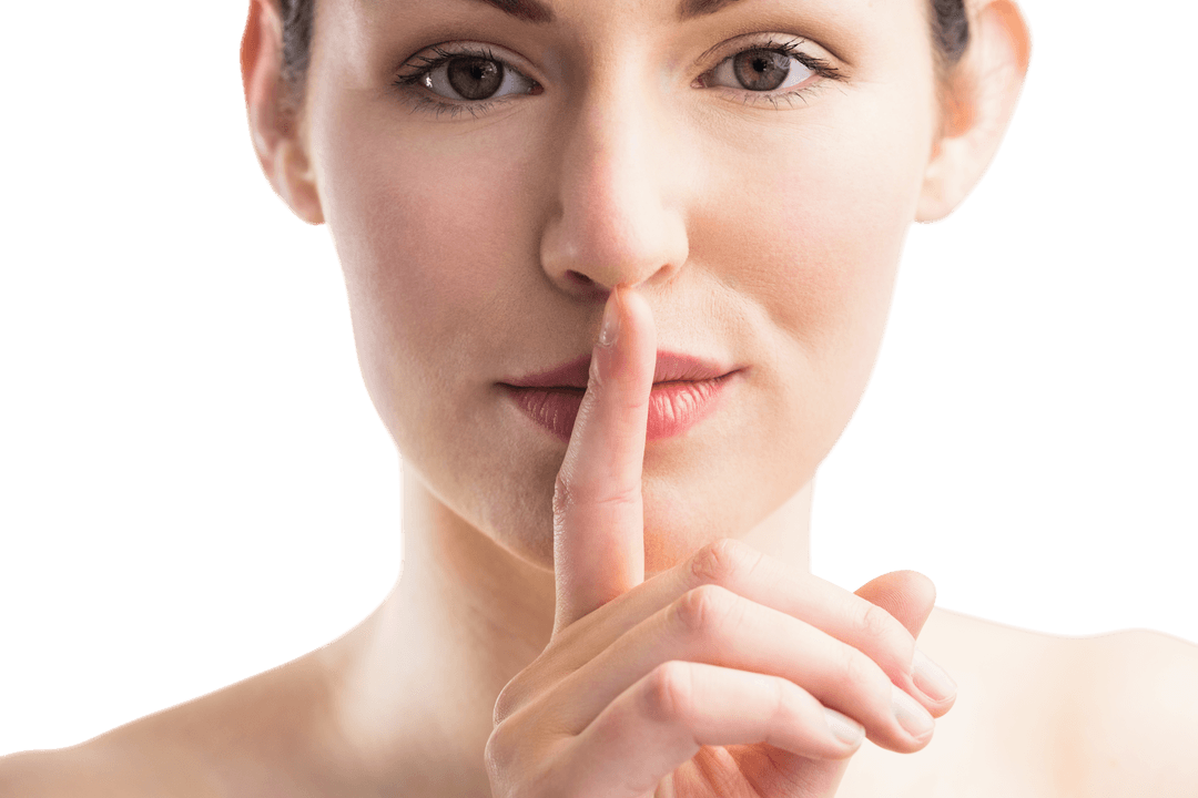 Transparent Woman Gesturing Silence with Finger on Lips