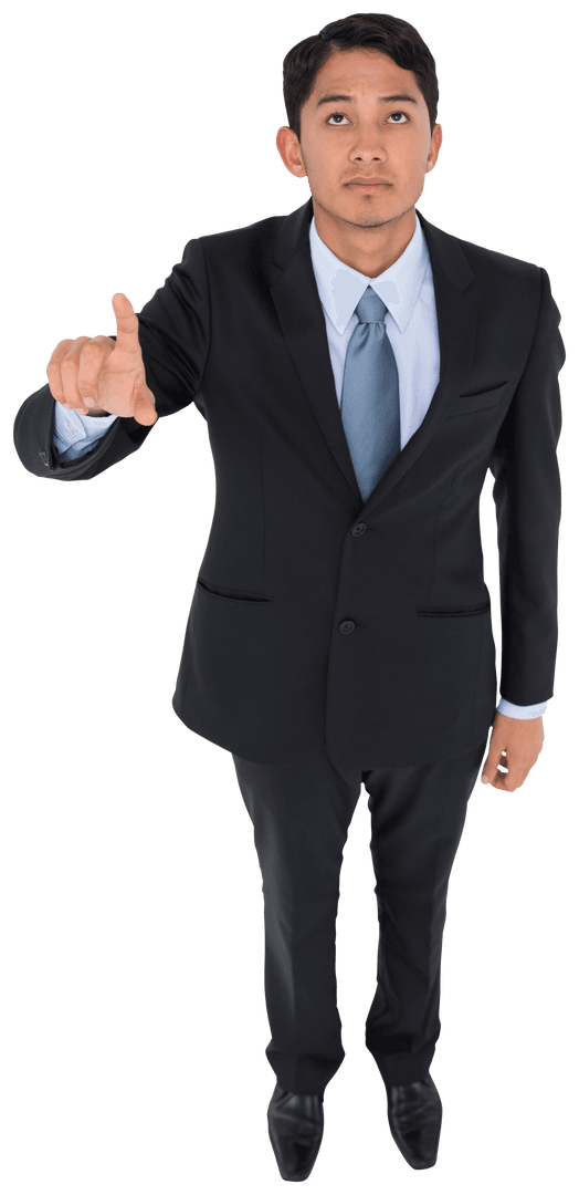 Businessman Interacting with Transparent Interface on White Background