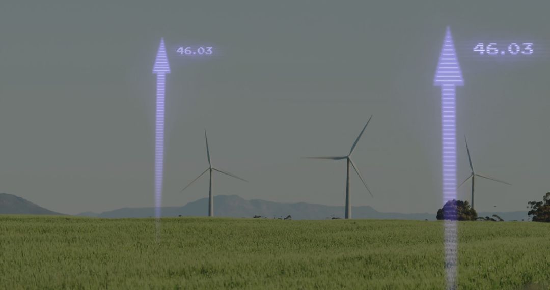 Wind Turbines in Green Field with Data Visual Graphics