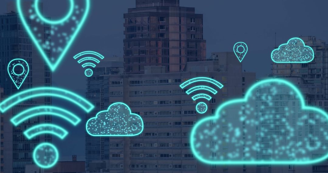 Digital Cloud Icons Float Above Urban Skyline