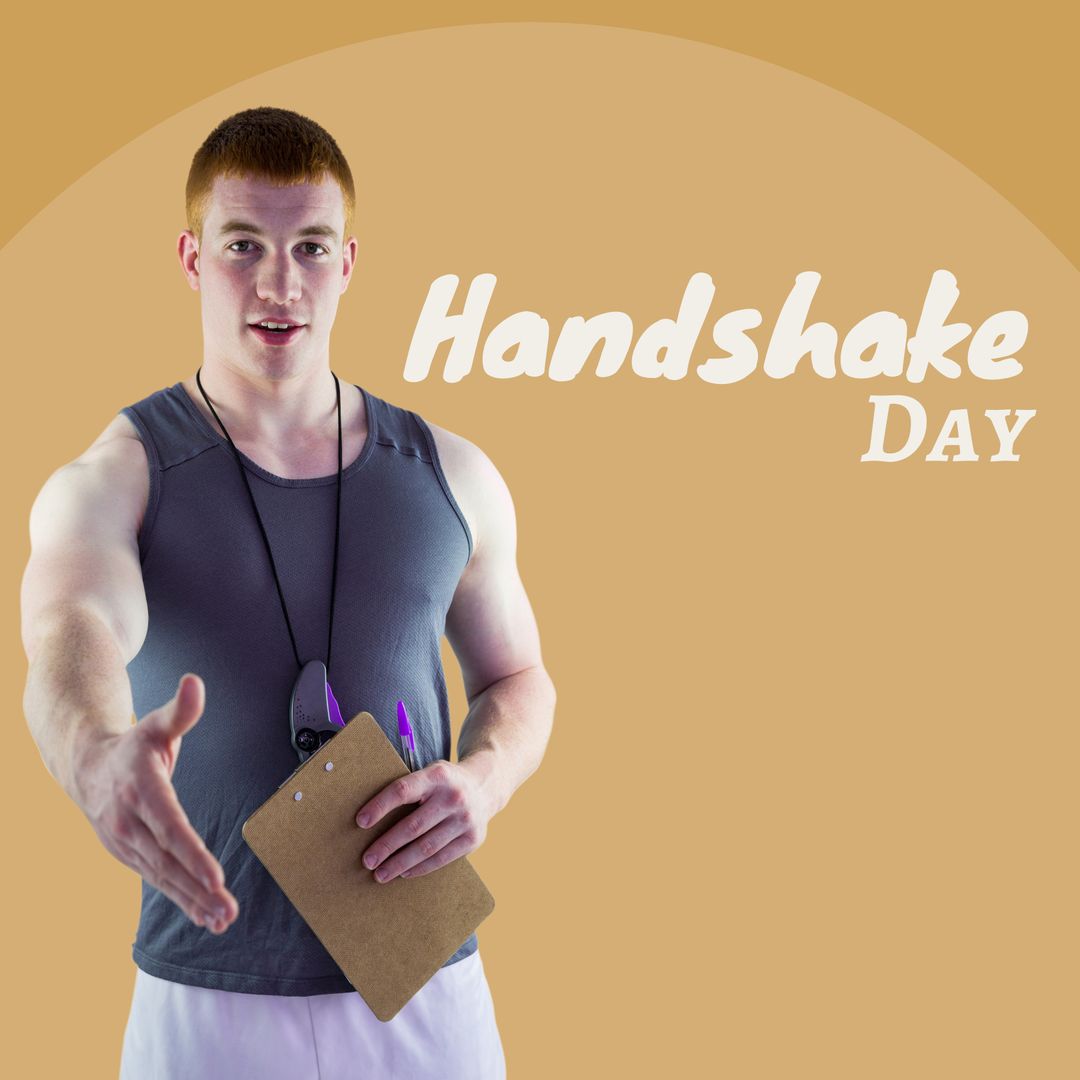 Caucasian Fitness Instructor Reaching for Handshake on National Handshake Day