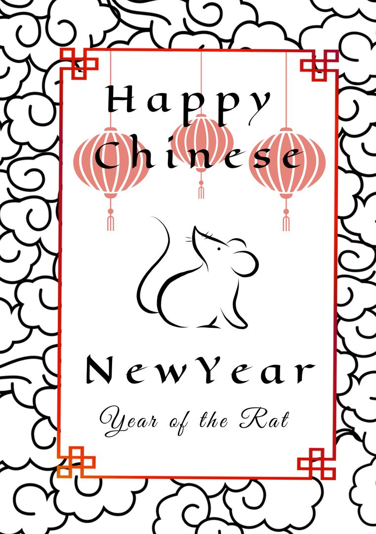 Chinese New Year Celebration Card with Lanterns and Rat Design