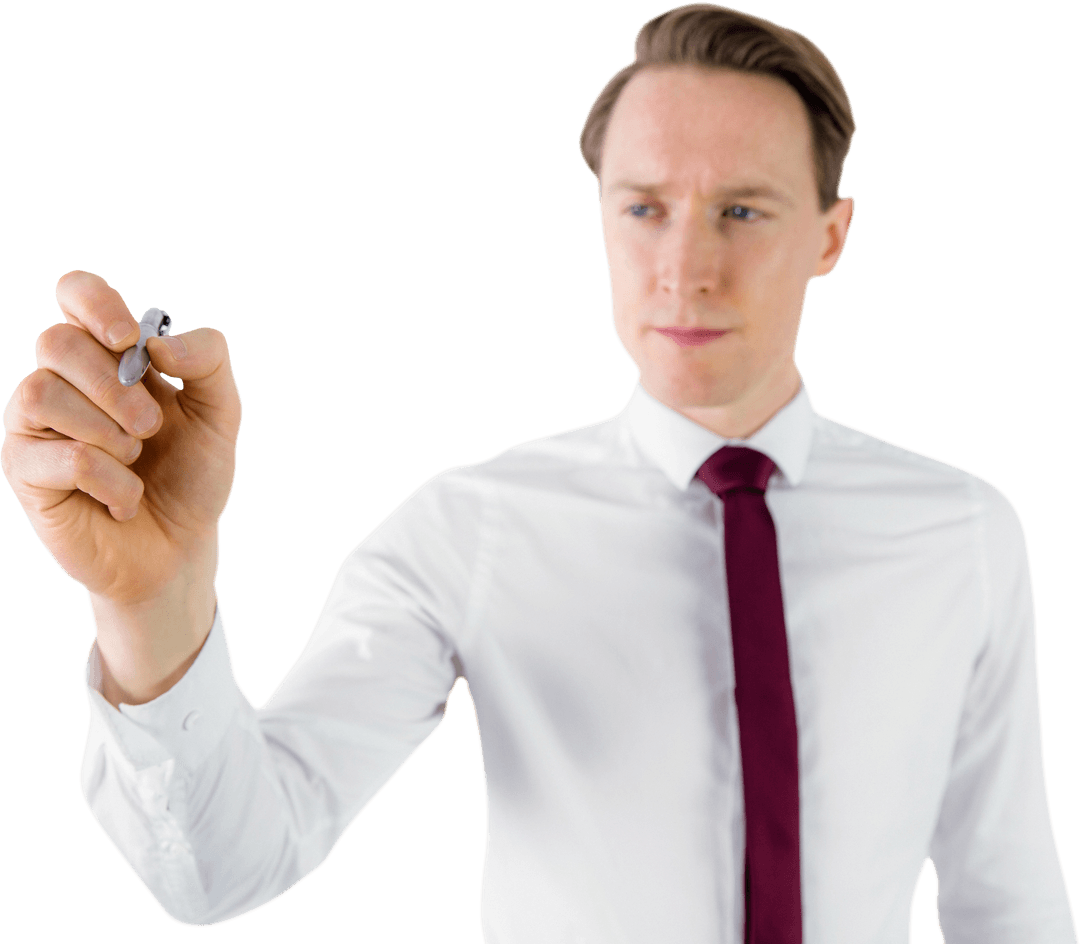 Transparent Focused Businessman Writing with Pen in Hand