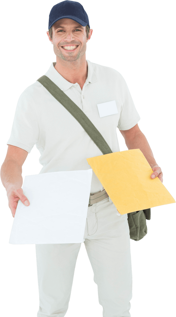 Smiling Courier Man Handing Over Package and Envelope Transparent Background