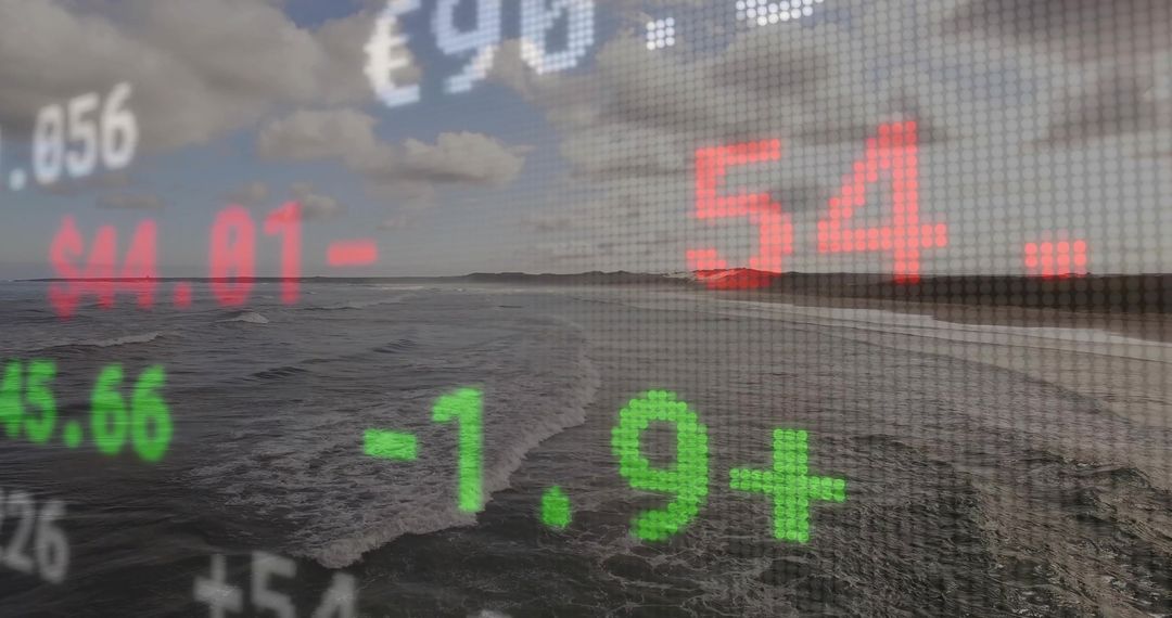 Digital Stock Market Overlay on Scenic Coastal Landscape