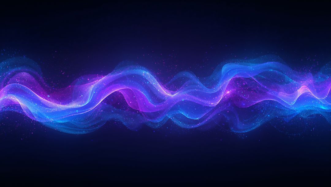 Flowing Neon Cosmic Ribbon in Purple and Blue Lighting Dark Space with Sparkling Particles