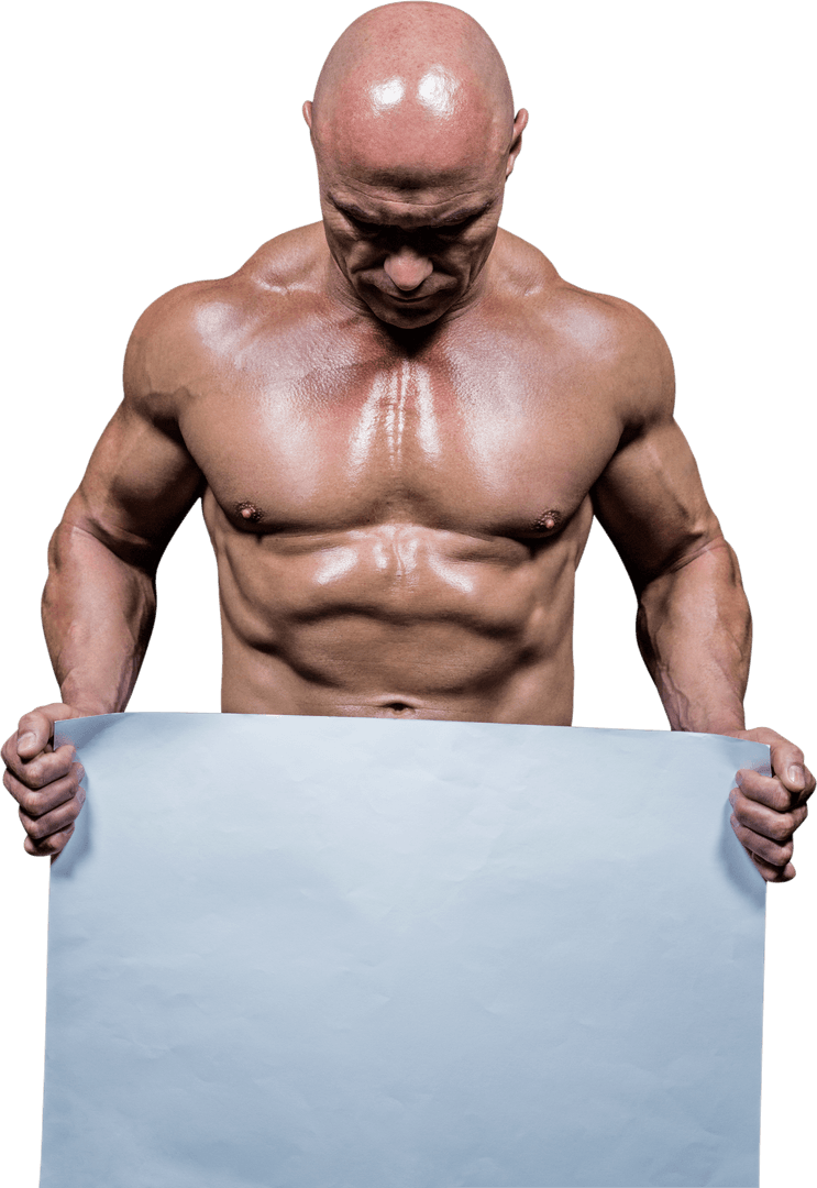 Muscular Man Holding Transparent Paper with Intense Focus