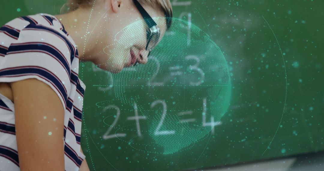 Student in Glasses Solving Math Equations with Hologram Globe