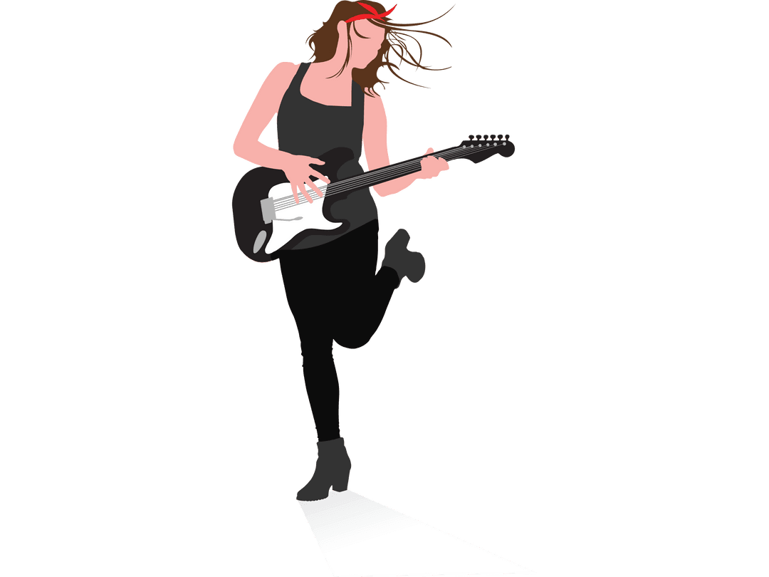 Dynamic Woman Playing Electric Guitar on Transparent Background