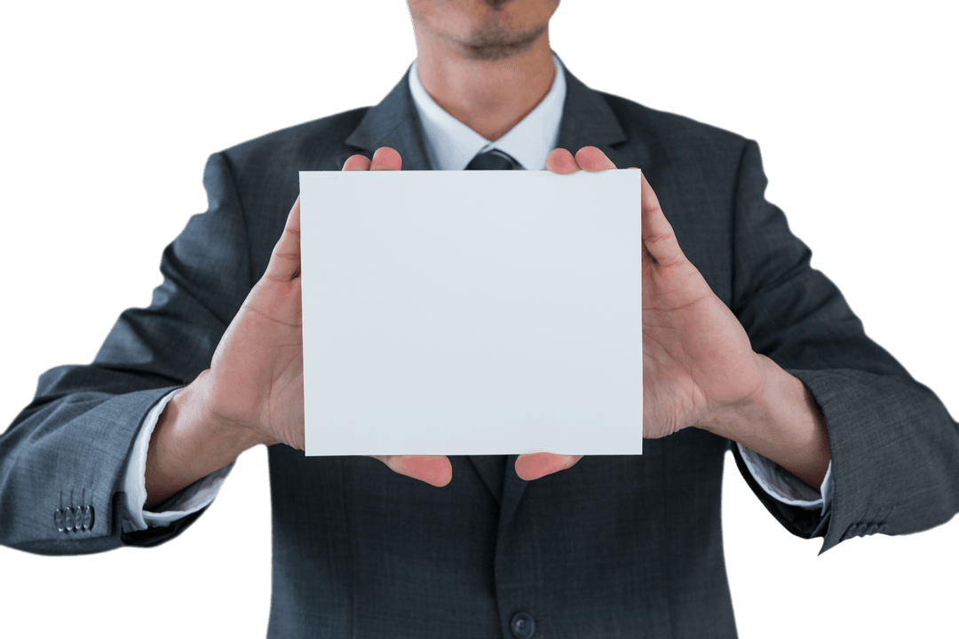 Businessman Holding Blank Transparent Placard for Advertisement