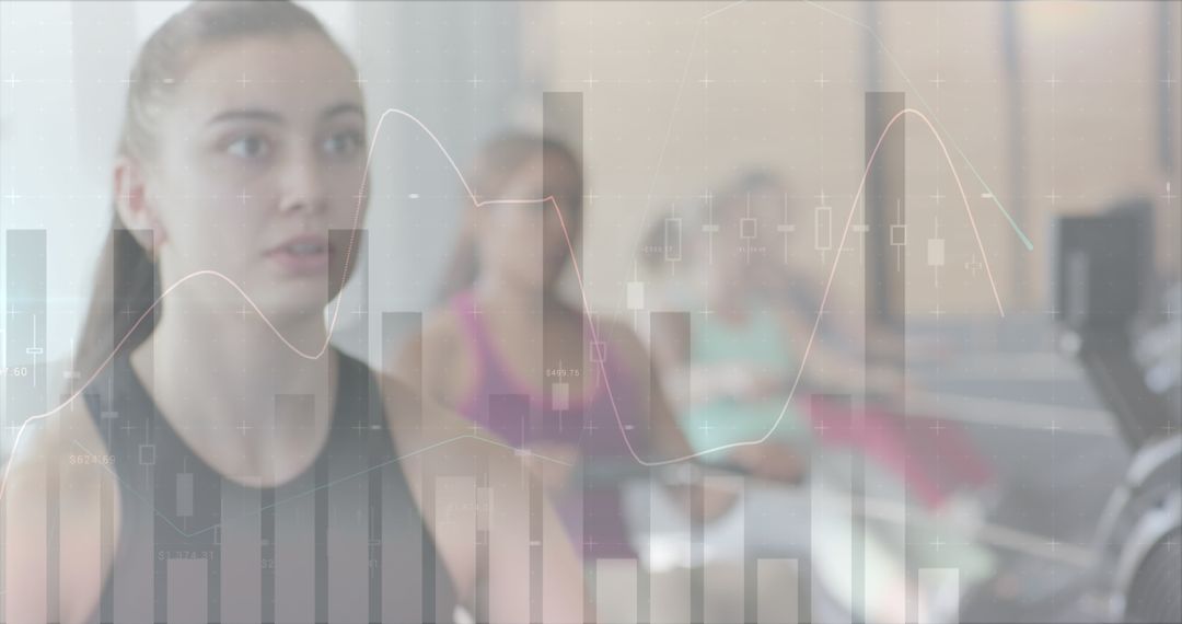 Woman Exercising on Rowing Machine with Digital Data Overlay