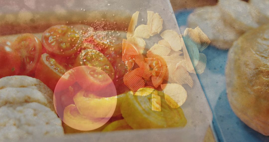 Gourmet Tomato and Chip Platter with Rice Crackers and Rolls