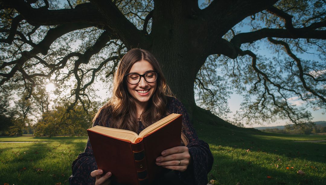 Smiling woman reading vintage book under giant oak tree on sunlit meadow with glasses and ring