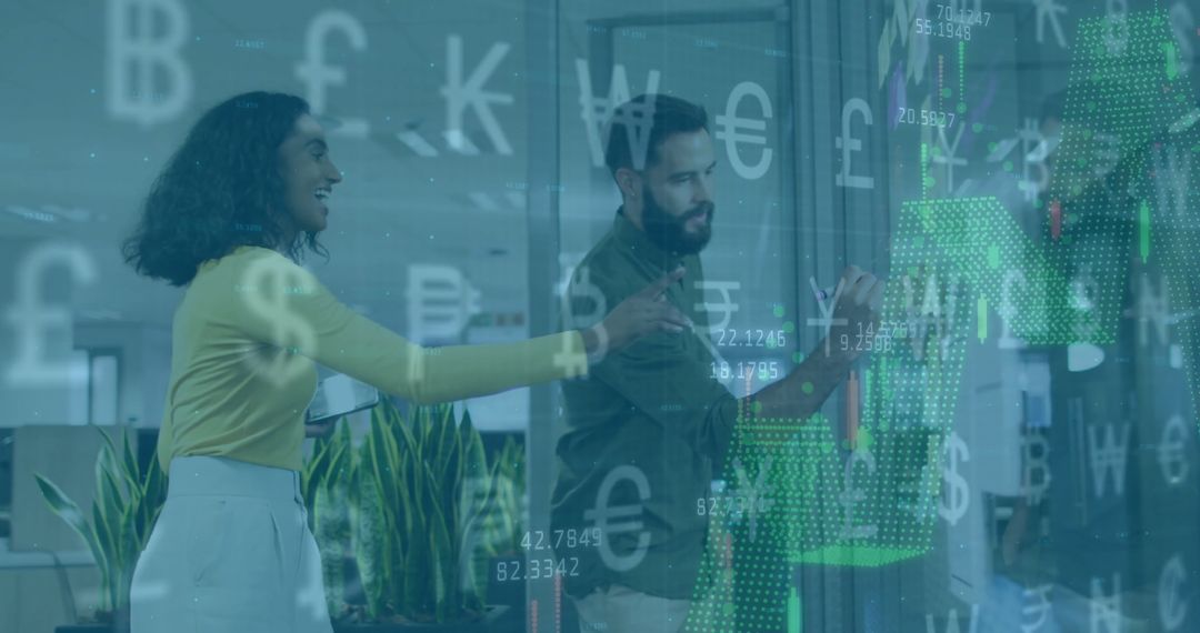 Business Professionals Analyzing Financial Data with Currency Symbols