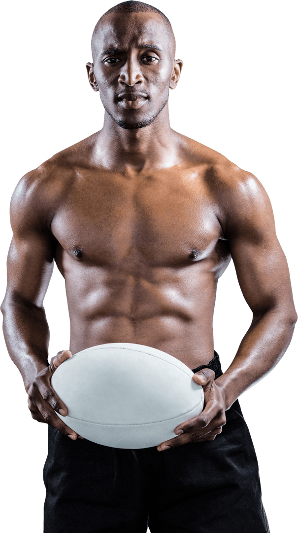 Transparent Background with Shirtless Rugby Player Holding Ball