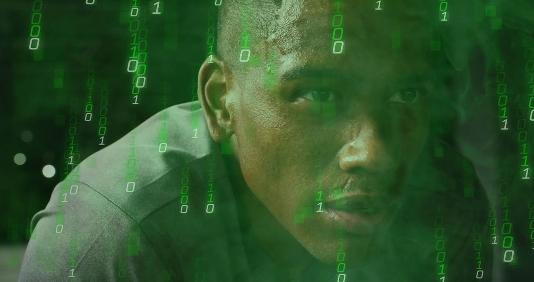 Man Engulfed in Digital Code World with Futuristic Theme